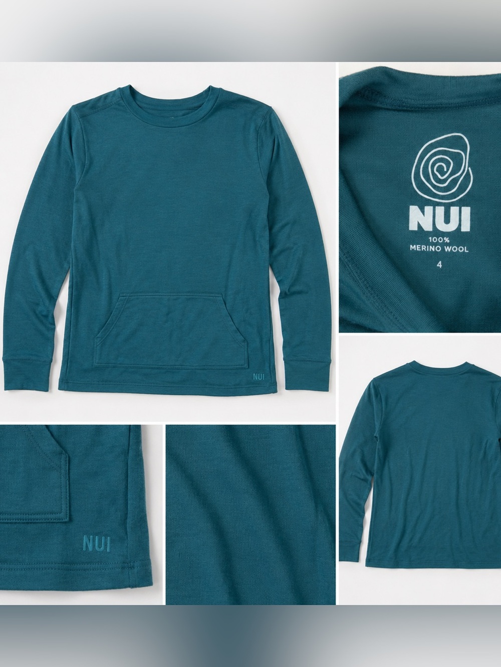 NWT NUI Organics Tihoi Crew Top Deep Sea 4Y Merino Wool Silk
